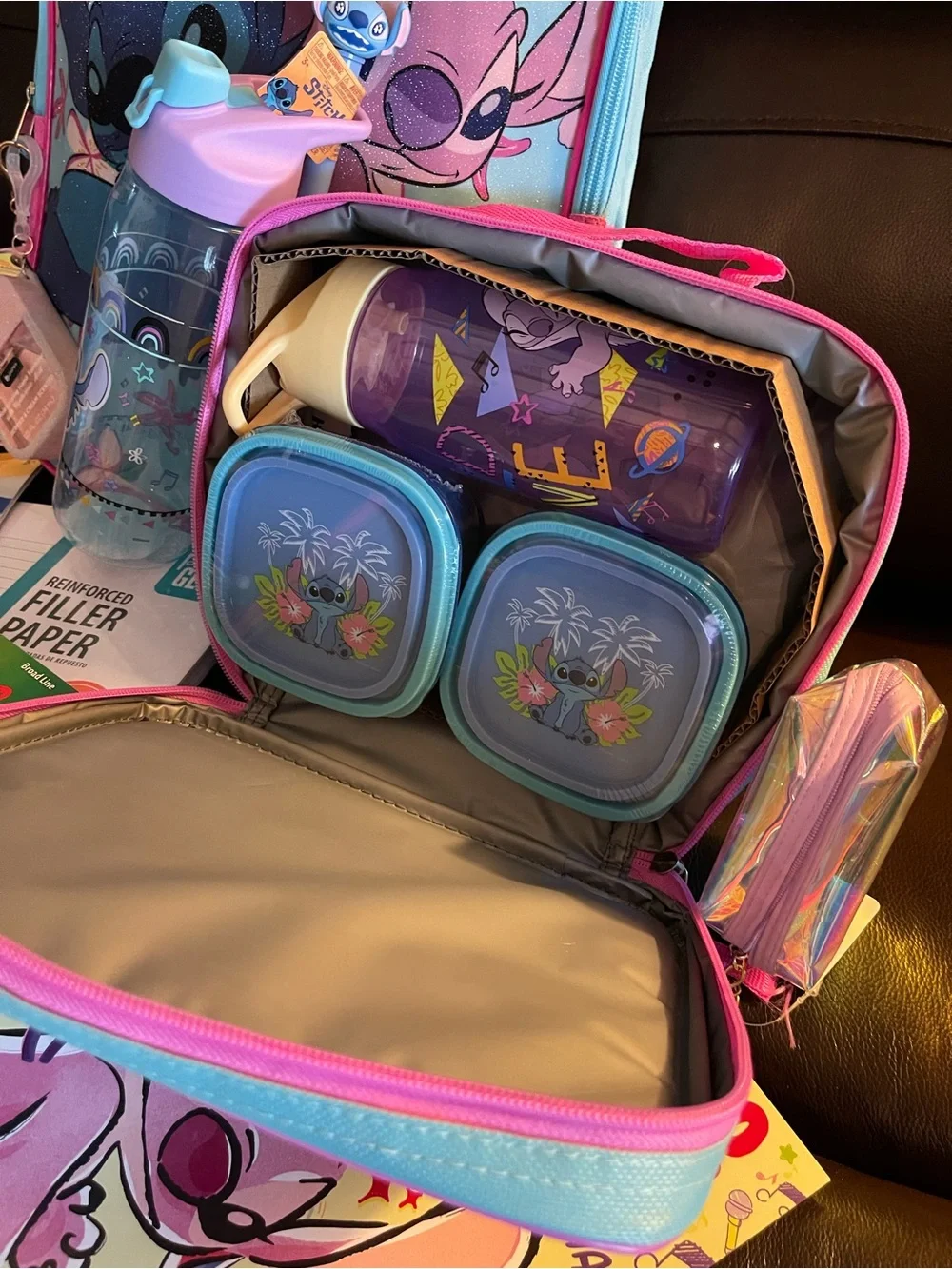 Disney Lilo and Stitch backpack bundle with pink and blue characters and flowers